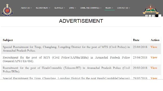 Arunachal Pradesh Police MTS Recruitment 2018