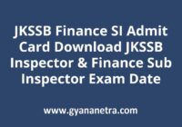 JKSSB Finance SI Admit Card Exam Date