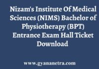 NIMS BPT Entrance Exam Hall Ticket Download